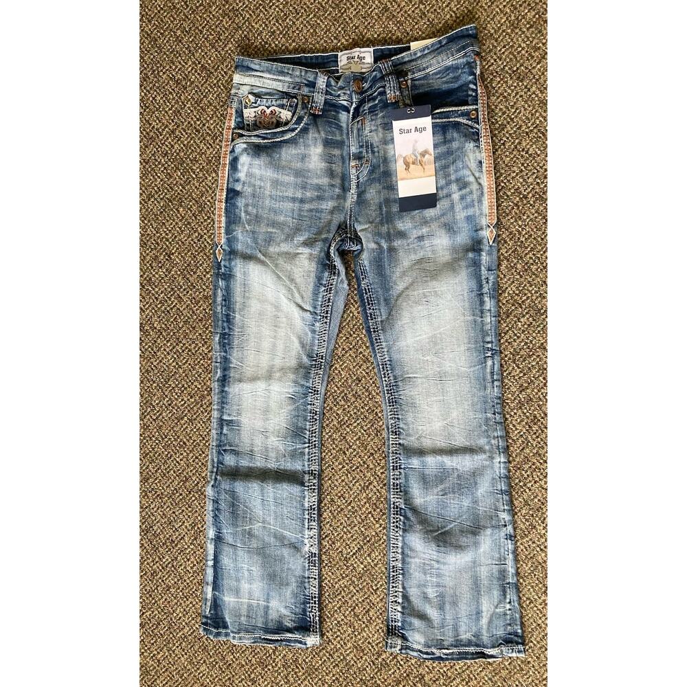 Star Age Embroidered Men Blue Jeans 34 X 32 Straight Boot Cut Cowboy Western NWT